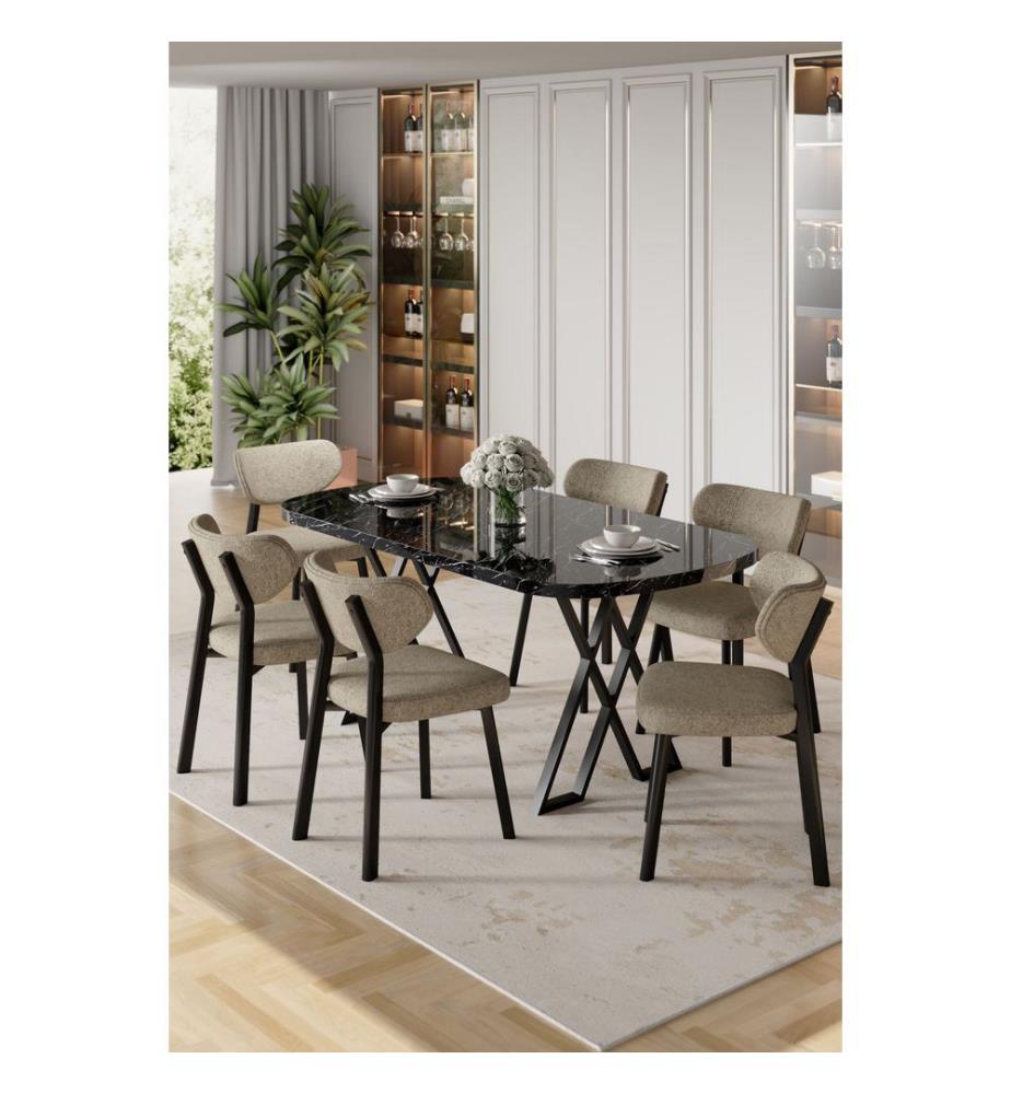 Essgruppe mit Tisch und Stühlen, 7-teilig, 100 % MDF, Schwarzer Marmor, Cappuccino