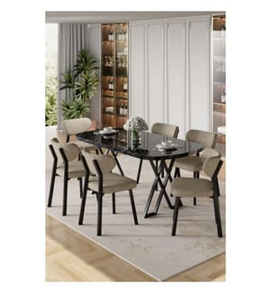 Essgruppe mit Tisch und Stühlen, 7-teilig, 100 % MDF, Schwarzer Marmor, Cappuccino