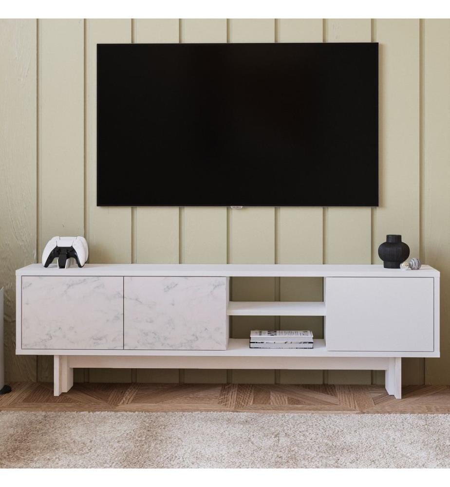 Meuble TV, panneau de particules 100 % mélaminé, blanc, marbre