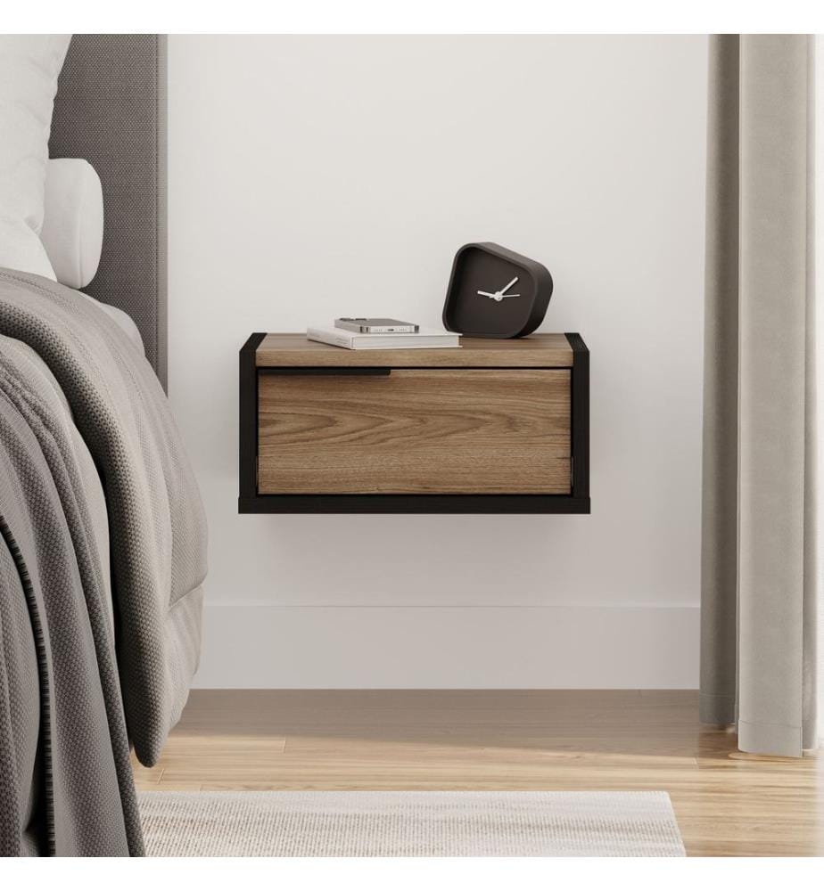 Nachttisch, 100 % melaminbeschichtete Spanplatte, schwarzes Holz, Oud