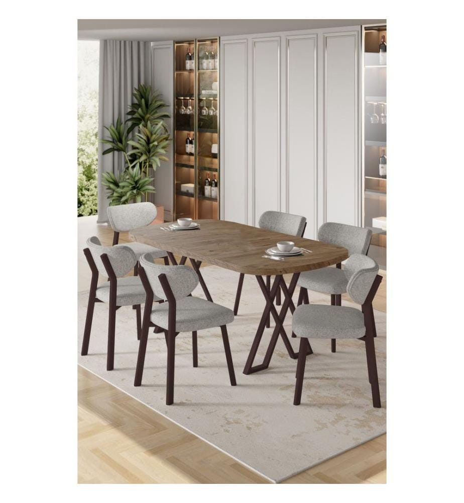 Essgruppe mit Tisch und Stühlen, 7-teilig, 100 % MDF, Kiefernholz, Grau