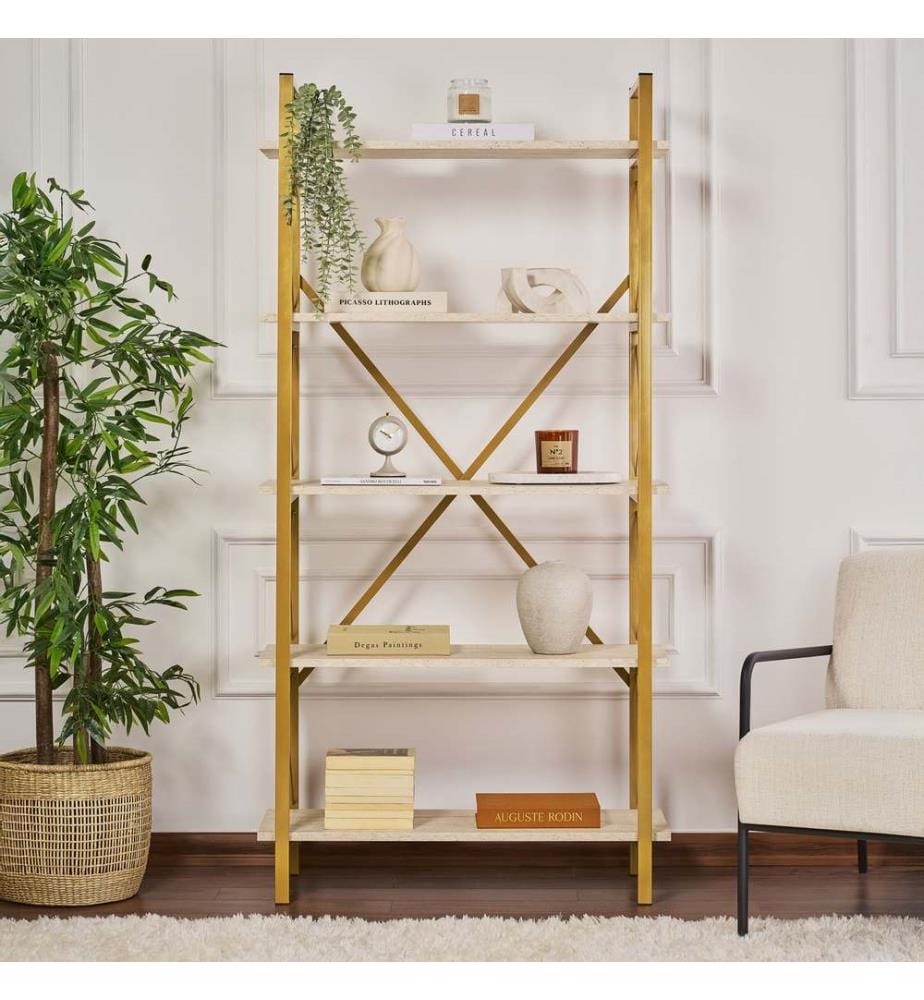 Bücherregal, Travertin, Gold, 100 % melaminbeschichtete Spanplatte