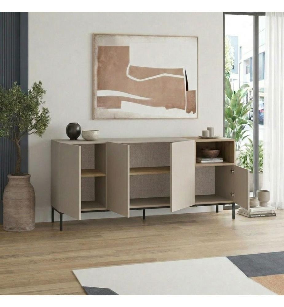 Console, panneau de particules 100 % mélaminé, grès, chêne Sepet, noir