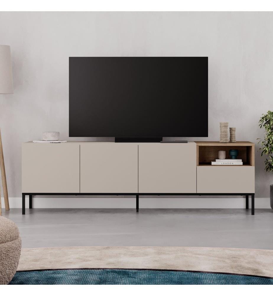 Meuble TV, panneaux de particules 100 % mélaminés, coloris grès, chêne Sepet, noir