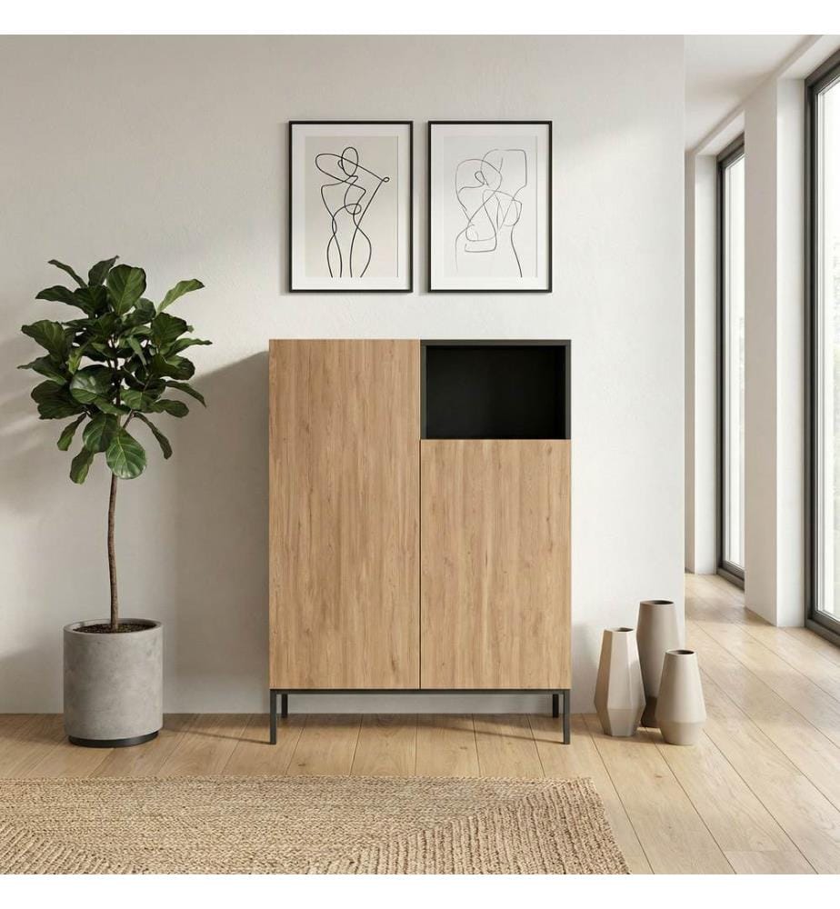 Buffet, panneaux de particules 100 % mélaminés, chêne Sepet, bois noir, grès