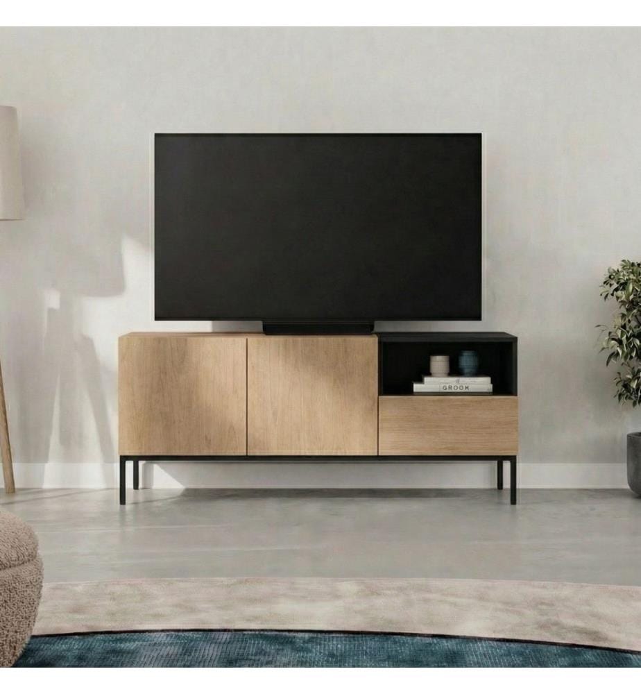 Meuble TV, panneaux de particules 100 % mélaminés, chêne Sepet, bois noir, noir