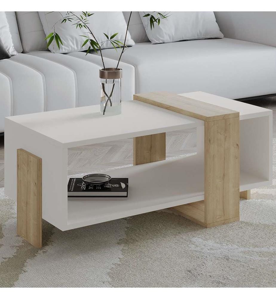 Couchtisch, 100 % melaminbeschichtete Spanplatte, Weiss, Saphir-Eiche