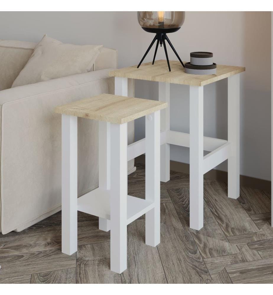 Beistelltisch-Set, 100 % melaminbeschichtete Spanplatte, Weiss, Saphir-Eiche