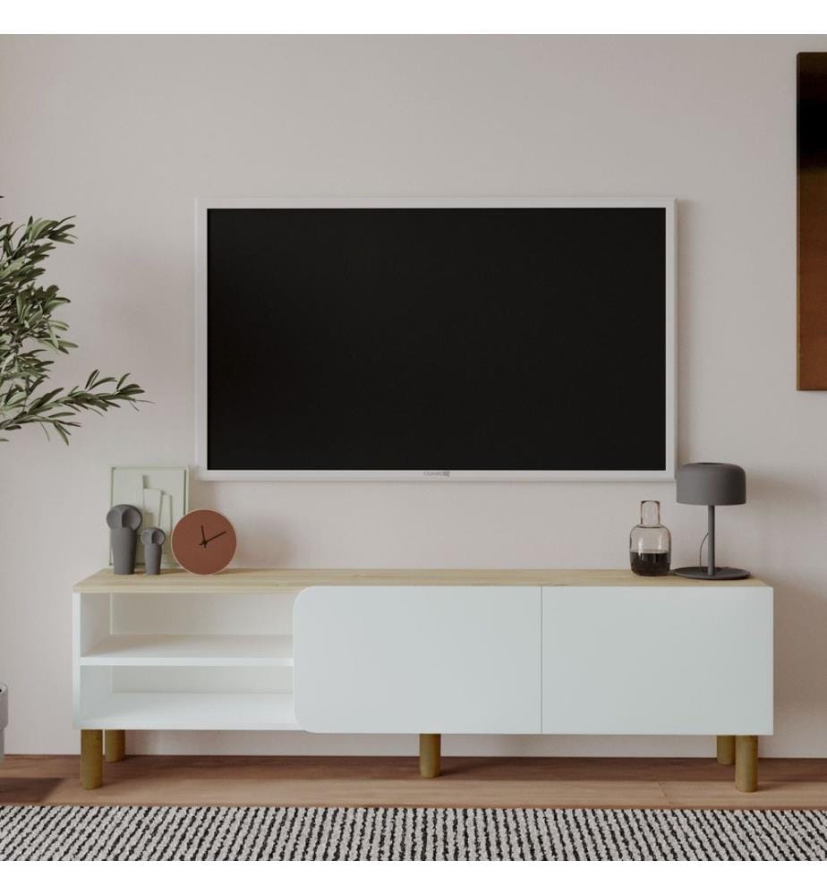 Meuble TV, panneaux de particules 100 % mélaminés, blanc, chêne saphir