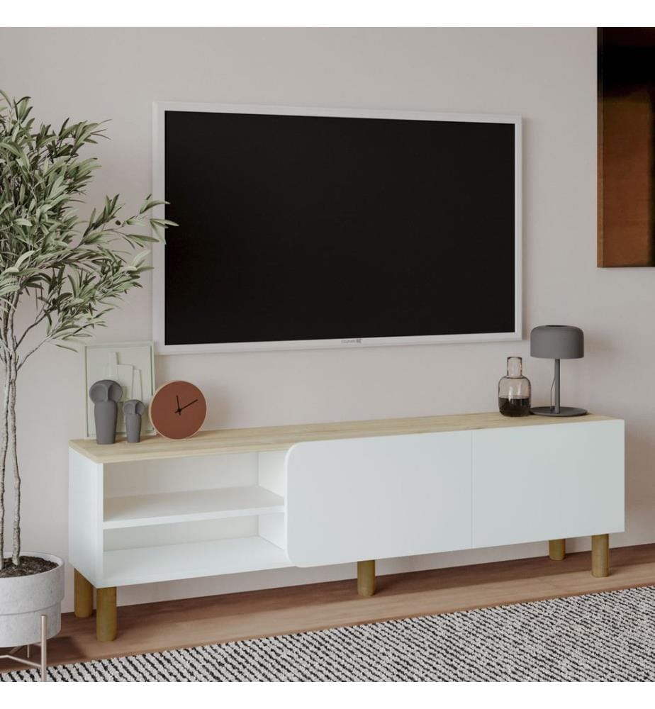 Meuble TV, panneaux de particules 100 % mélaminés, blanc, chêne saphir