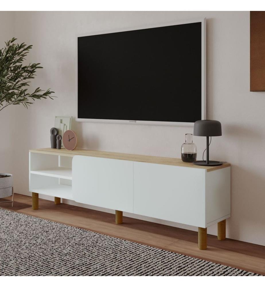 Meuble TV, panneaux de particules 100 % mélaminés, blanc, chêne saphir