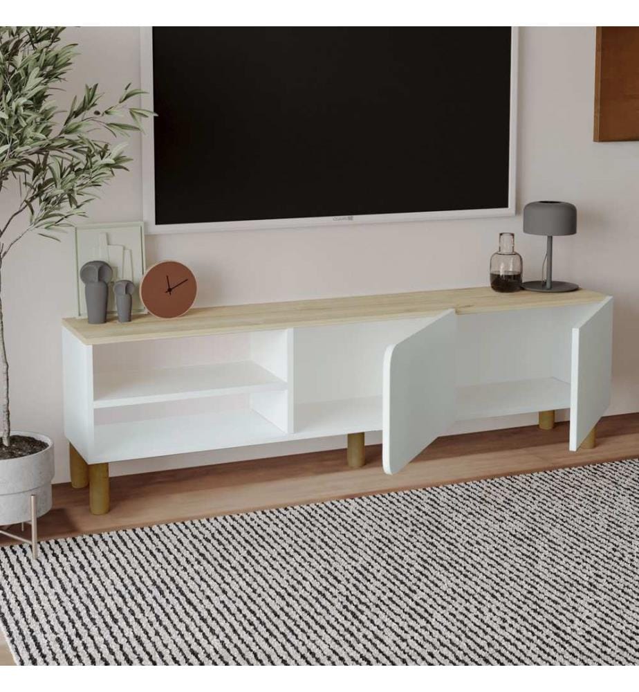 Meuble TV, panneaux de particules 100 % mélaminés, blanc, chêne saphir