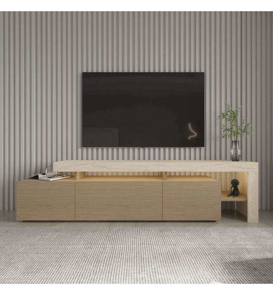 Meuble TV, panneaux de particules 100 % mélaminés, travertin, chêne chaud