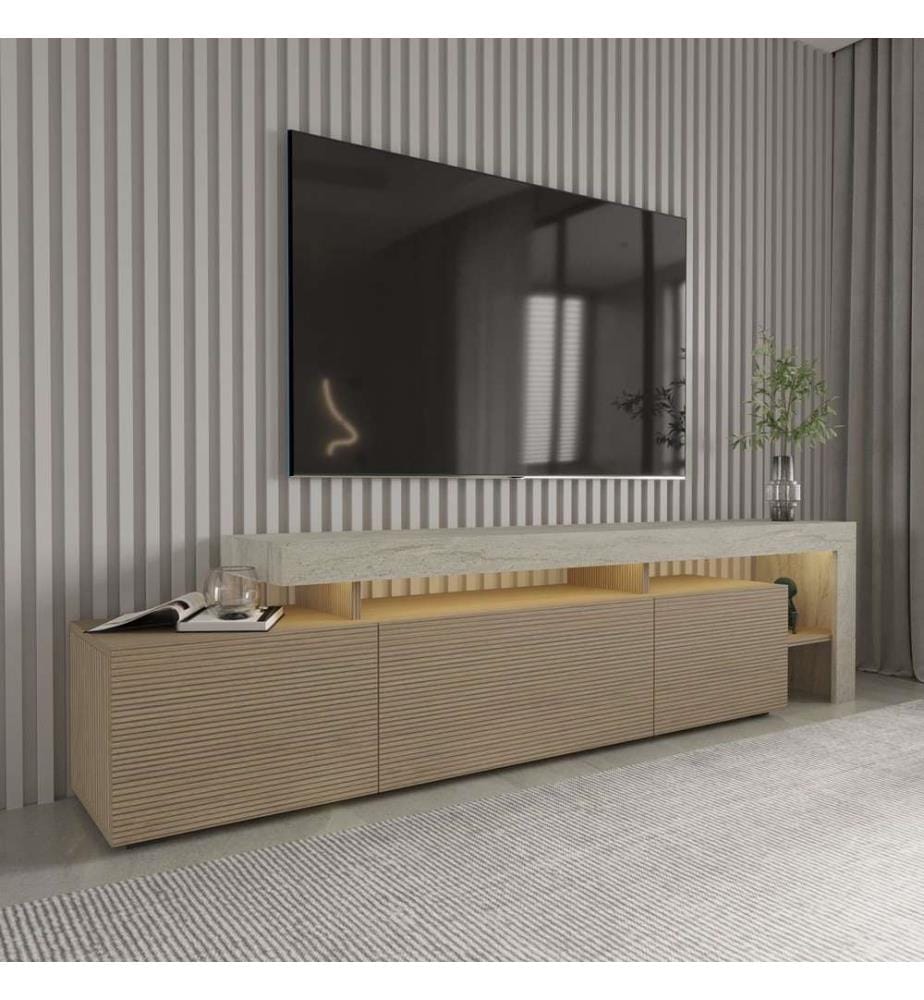 Meuble TV, panneaux de particules 100 % mélaminés, travertin, chêne chaud