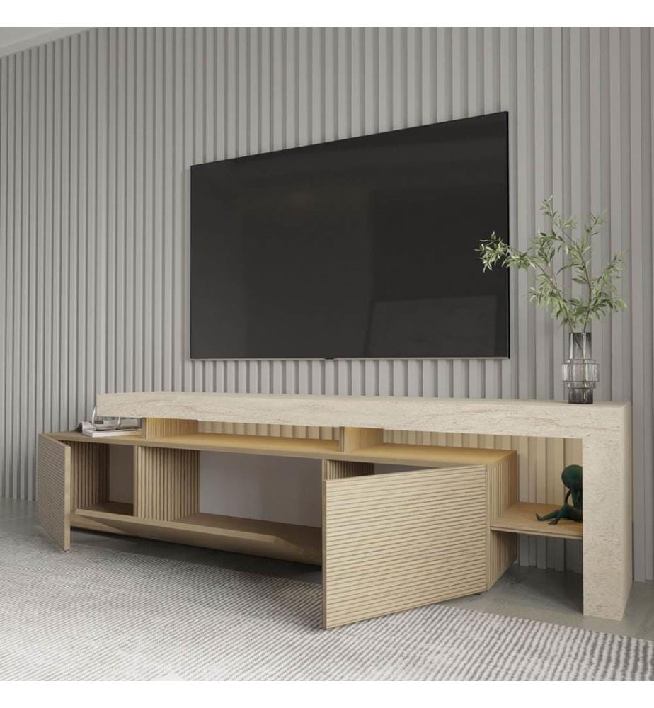Meuble TV, panneaux de particules 100 % mélaminés, travertin, chêne chaud