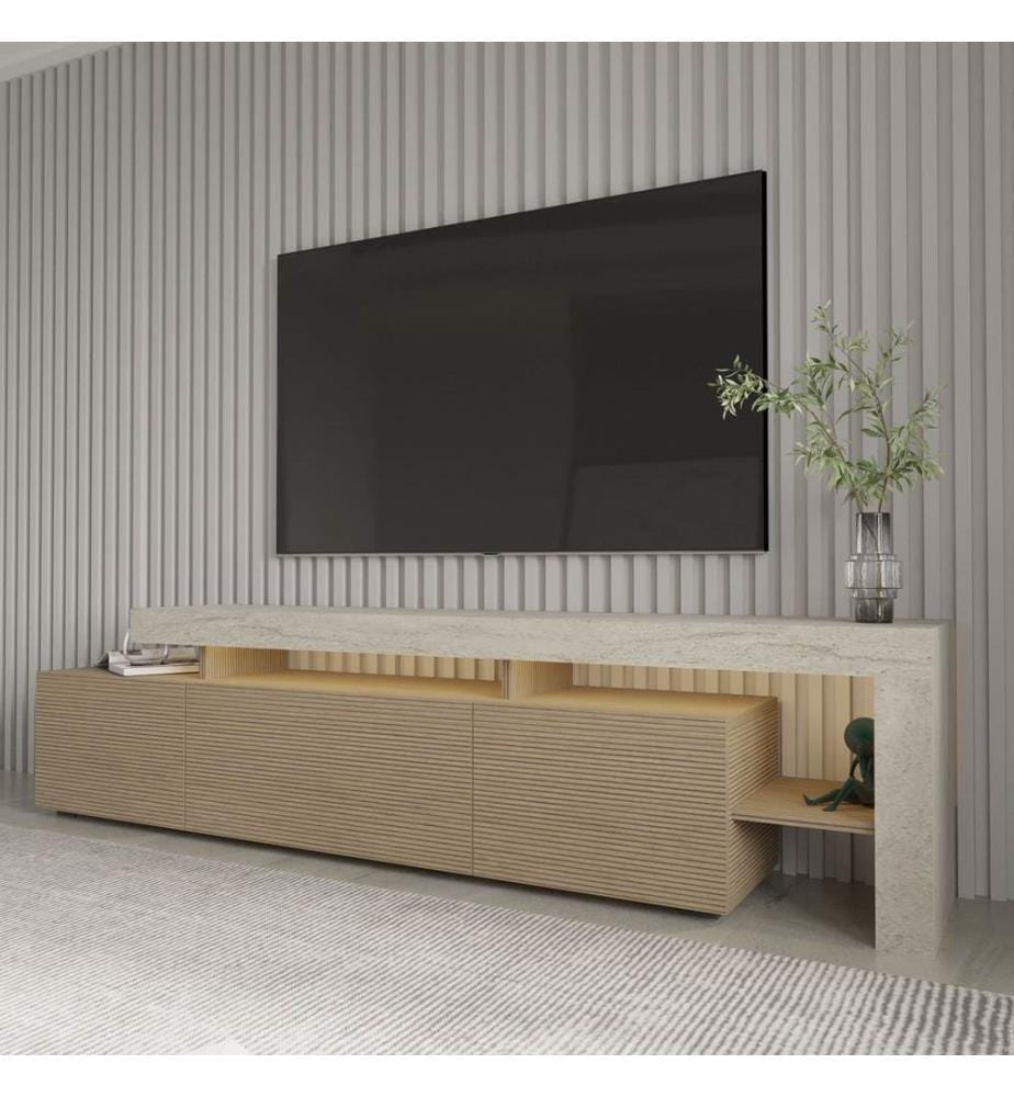 Meuble TV, panneaux de particules 100 % mélaminés, travertin, chêne chaud