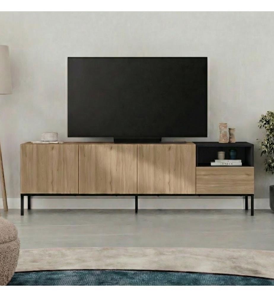 Meuble TV, panneaux de particules 100 % mélaminés, chêne Sepet, bois noir, grès