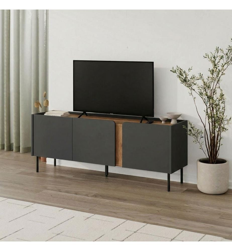 TV-Ständer, 100 % melaminbeschichtete Spanplatte, Anthrazit, Sepet-Eiche, Schwarz