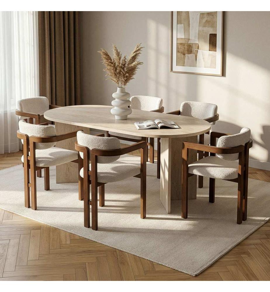 Essgruppe mit Tisch und Stühlen, 7-teilig, Travertin, Walnuss, Weiss, 100 % melaminbeschichtete Spanplatte