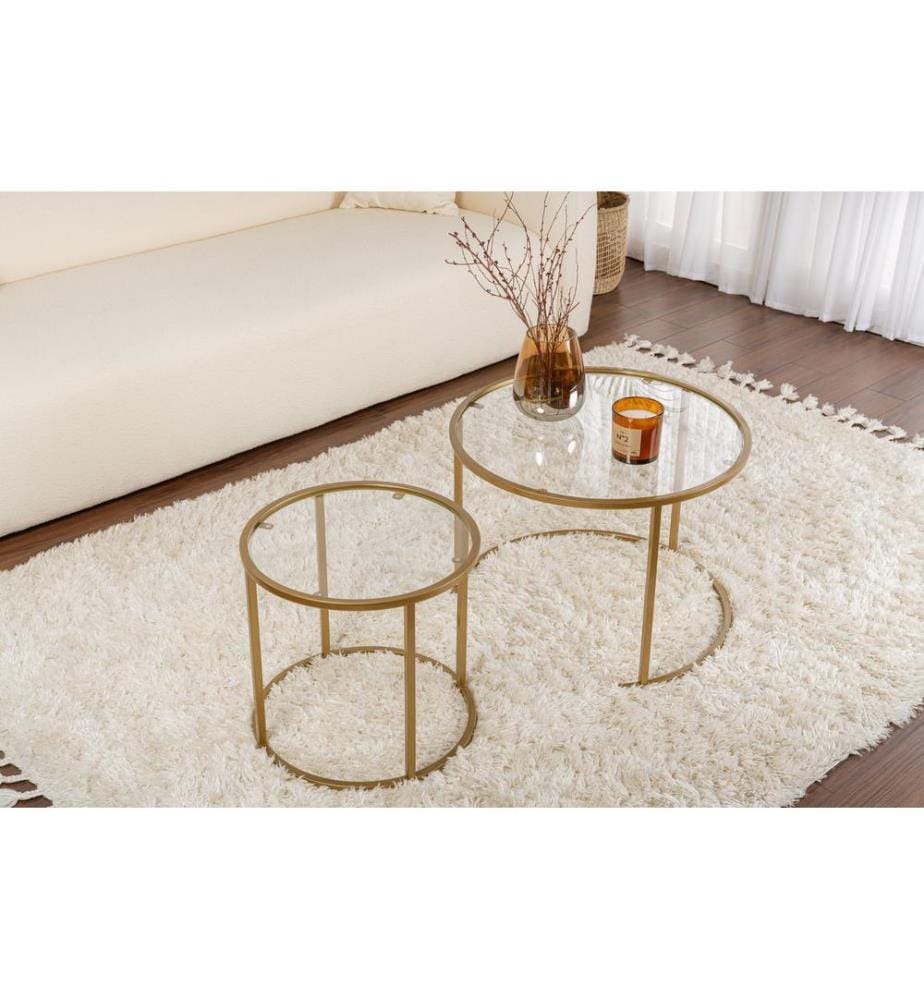 Ensemble table basse, doré, transparent, verre trempé, cadre : 100 % métal
