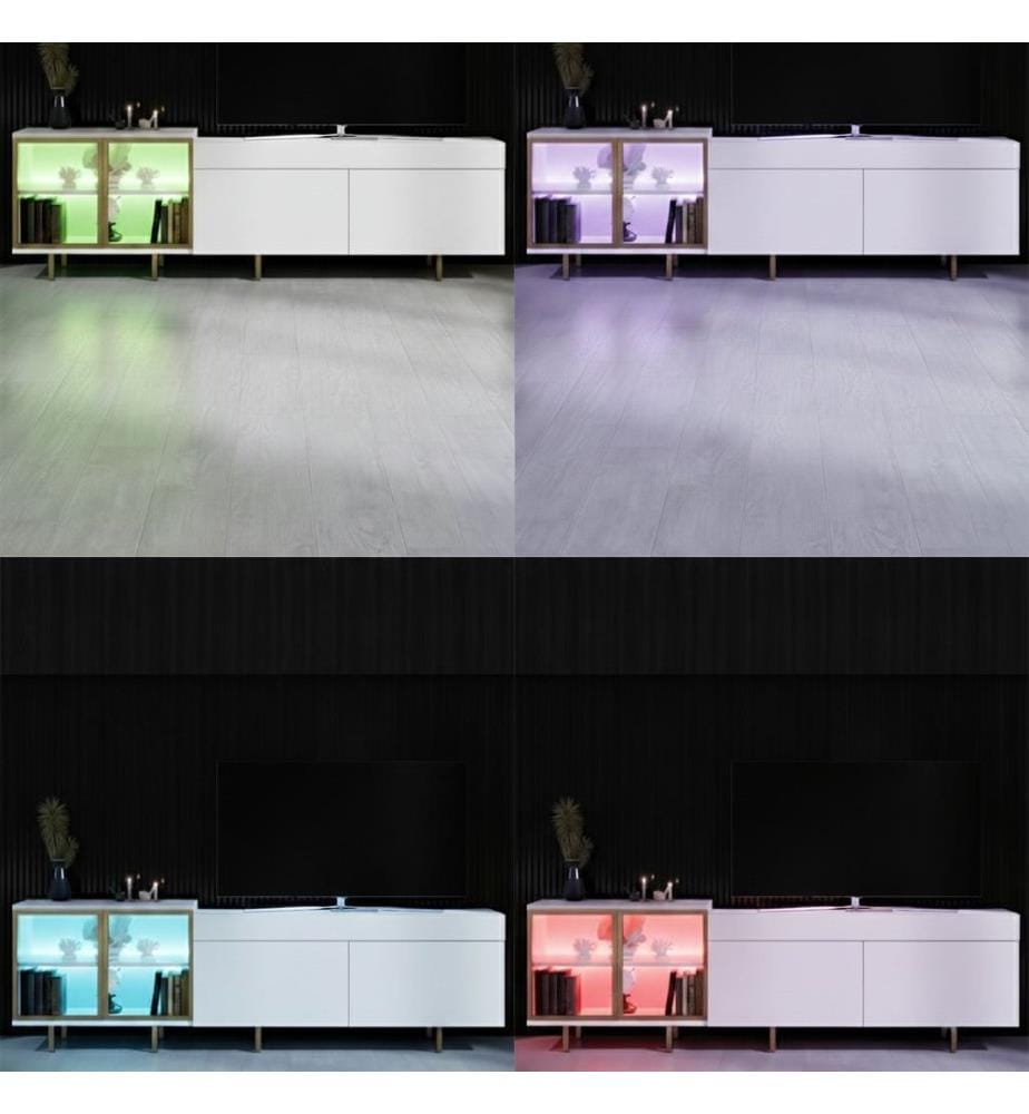 Meuble TV, panneau de particules 100 % mélaminé, blanc et doré