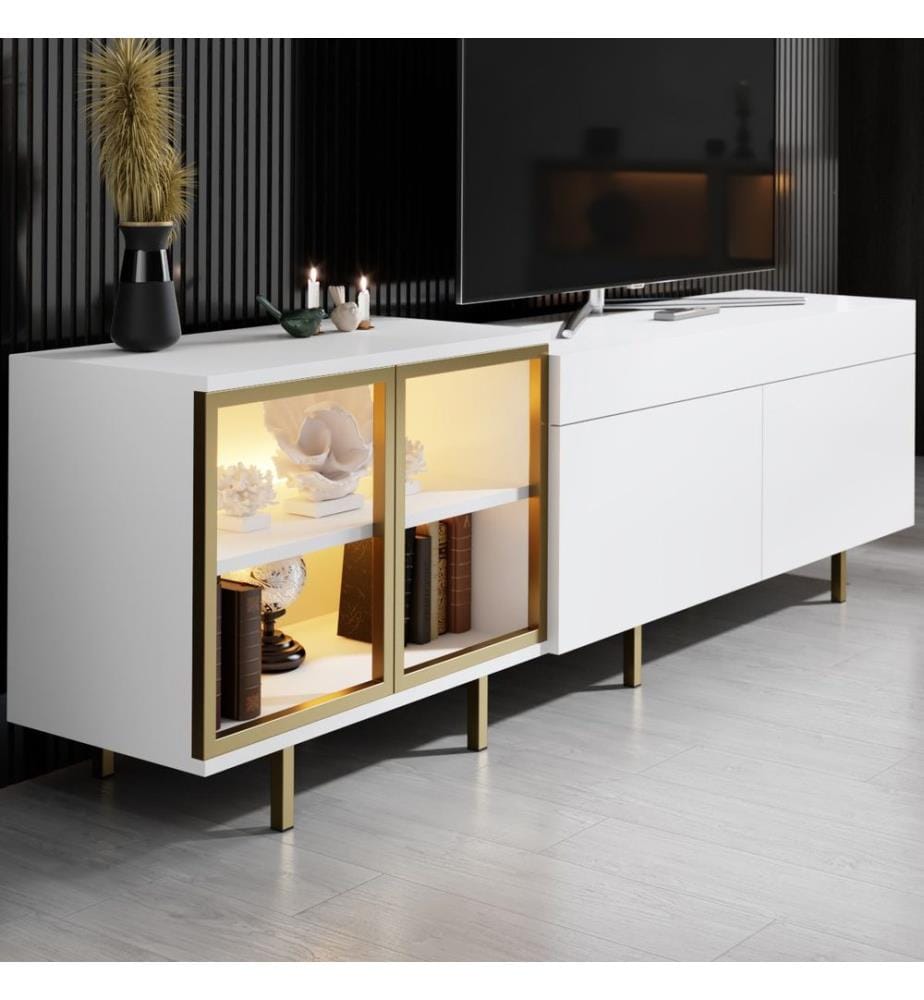 Meuble TV, panneau de particules 100 % mélaminé, blanc et doré