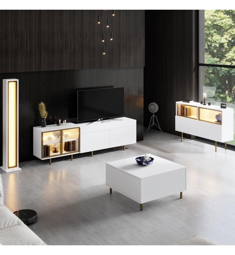 Meuble TV, panneau de particules 100 % mélaminé, blanc et doré