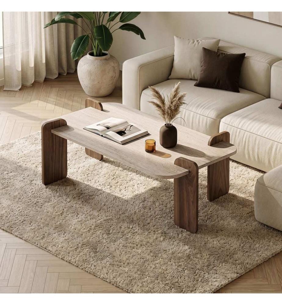 Table basse, panneau de particules 100 % mélaminé, travertin, noyer