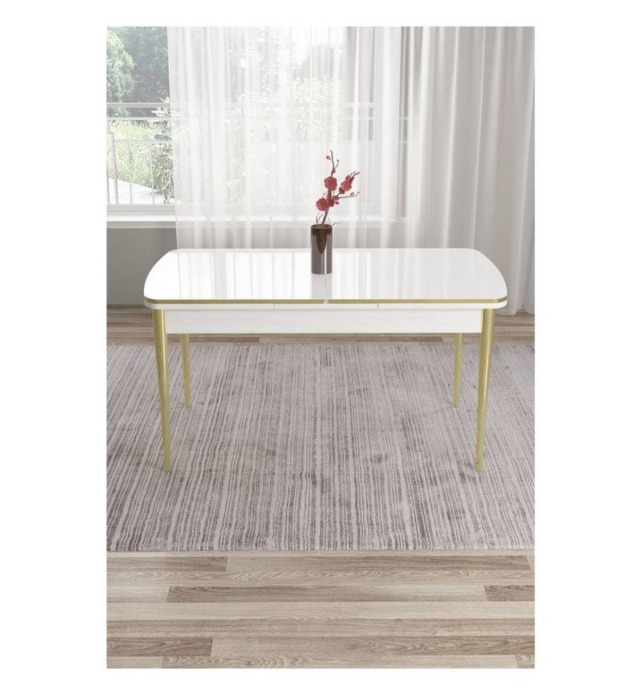 Table de salle à manger, 100 % MDF, blanche, dorée