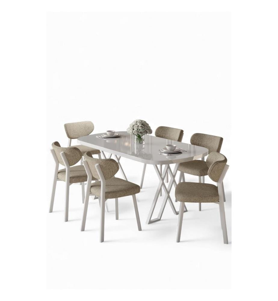 Essgruppe mit Tisch und Stühlen, 7-teilig, 100 % MDF, Weiss, Cappuccino