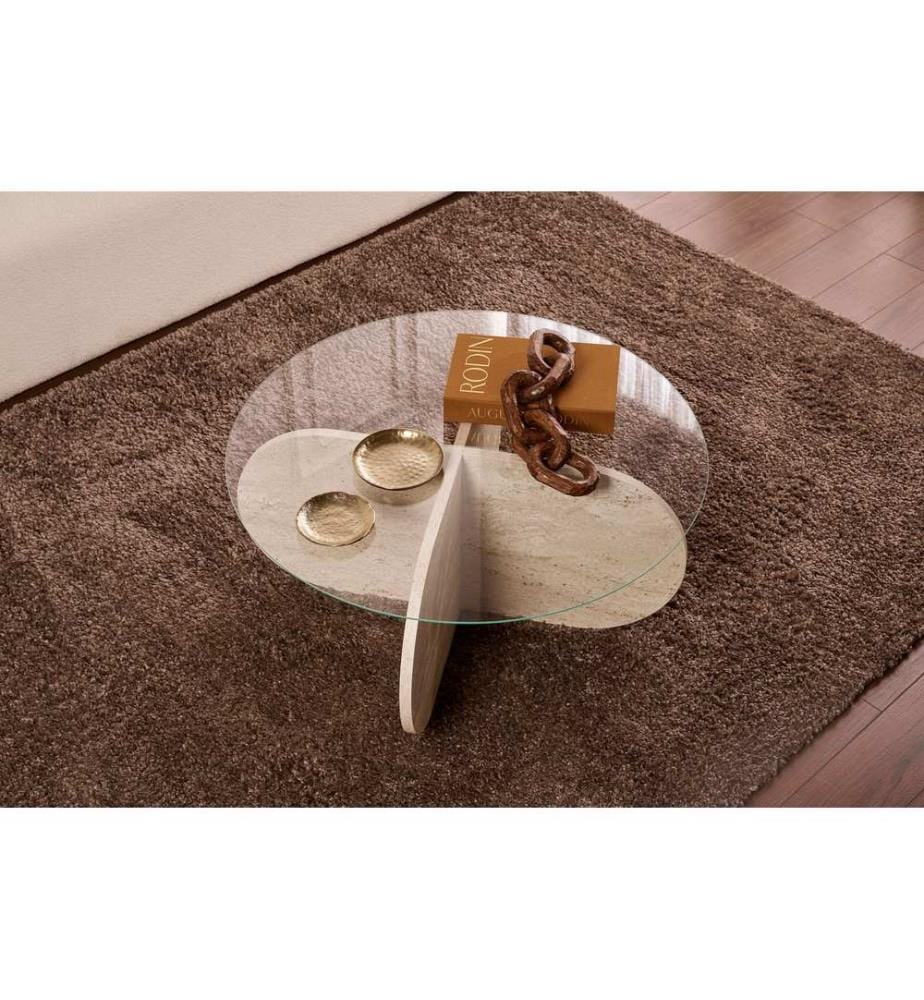 Table basse, travertin, transparent, 100 % verre trempé