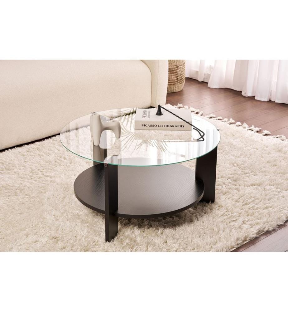 Table basse, bois noir, transparent, verre trempé 100 %