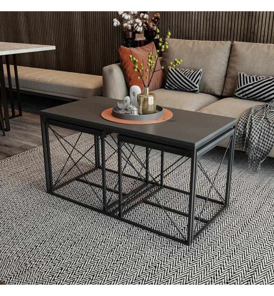 Ensemble table basse, anthracite, noir, panneaux de particules mélaminés, pieds en métal