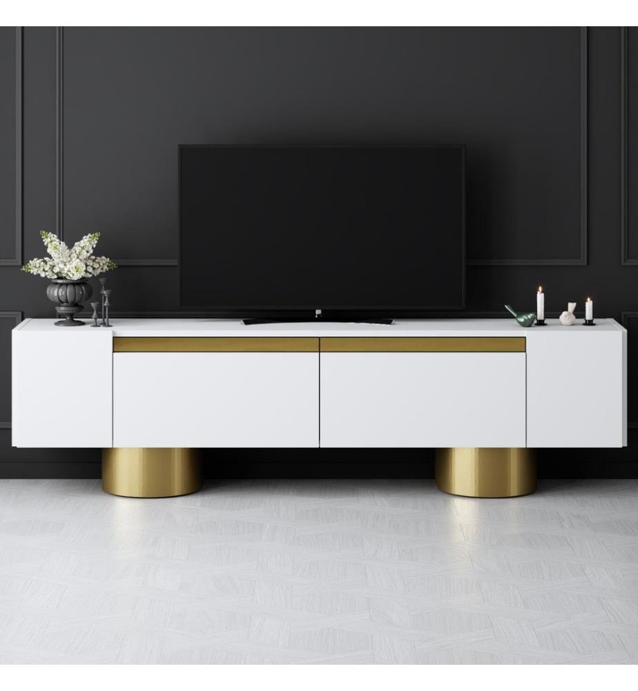 Meuble TV, blanc et doré, 100 % panneaux de particules recouverts de mélamine, pieds en métal