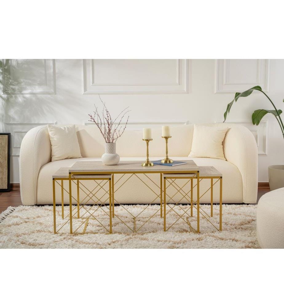 Ensemble table basse, travertin, doré, panneau de particules 100 % mélaminé, pieds en métal