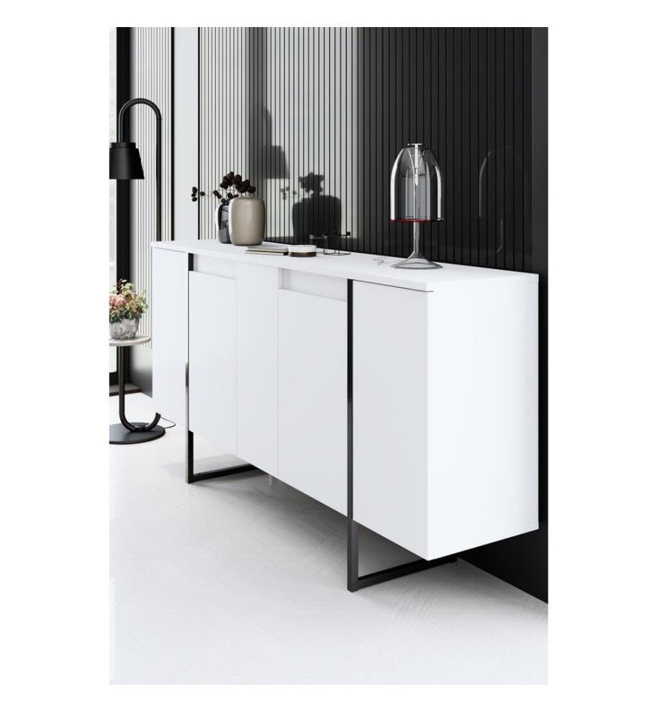 Console, blanche et noire, en panneaux de particules mélaminés, pieds en métal