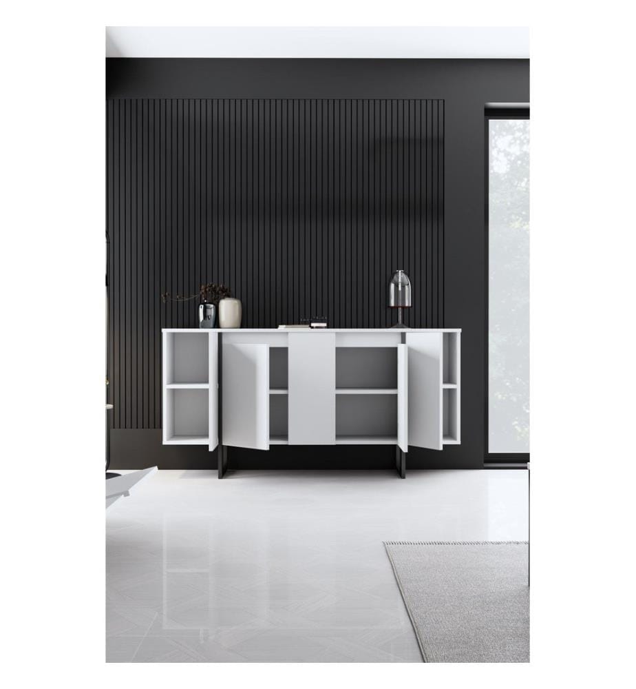 Console, blanche et noire, en panneaux de particules mélaminés, pieds en métal