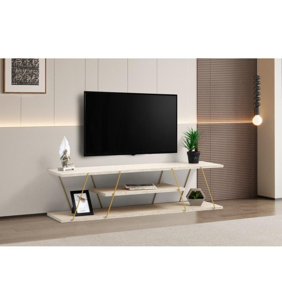 Meuble TV, travertin, doré, panneau de particules 100 % mélaminé, structure : 100 % métal