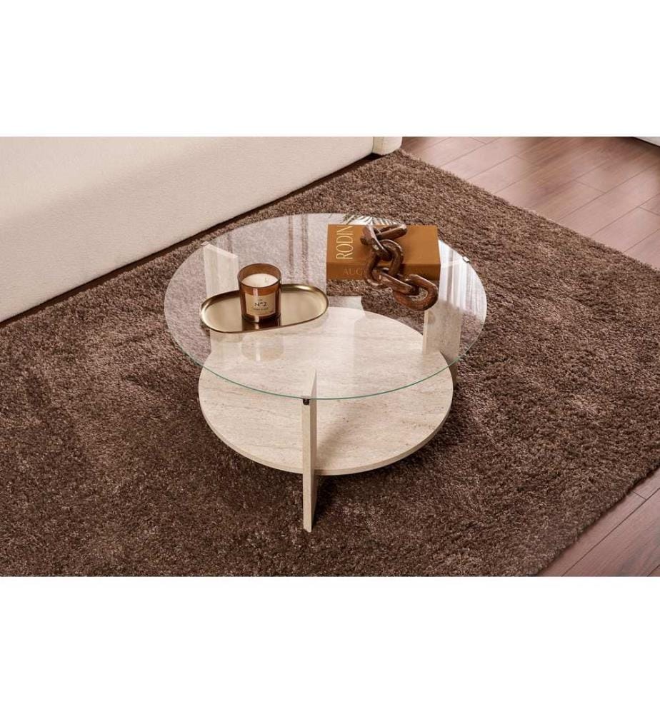 Table basse, travertin, transparent, 100 % verre trempé