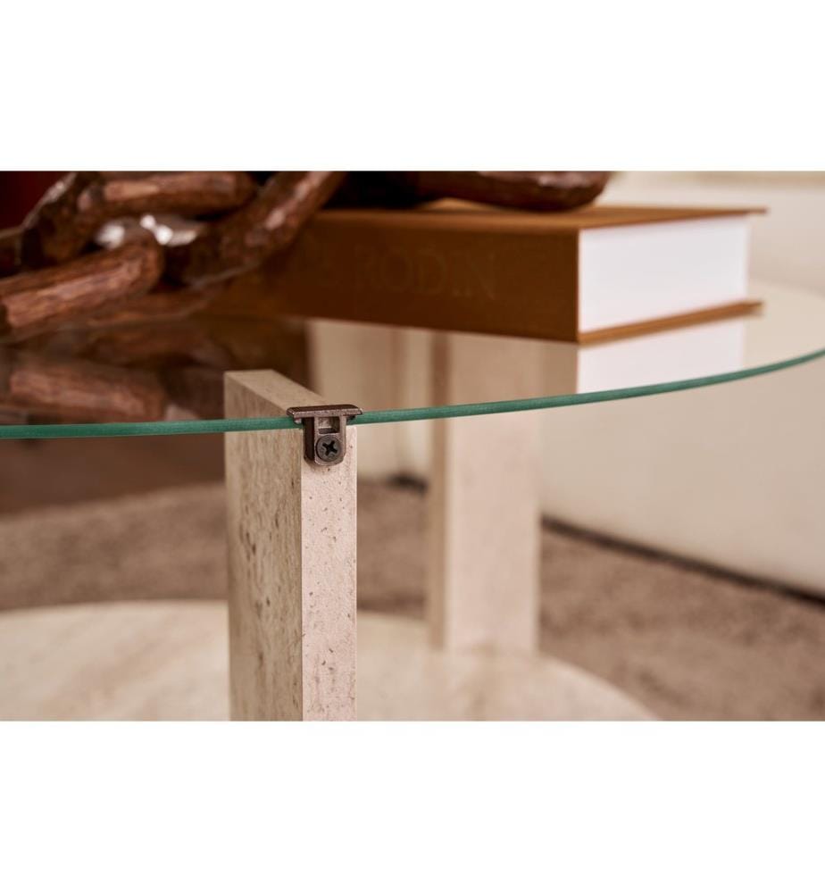 Table basse, travertin, transparent, 100 % verre trempé