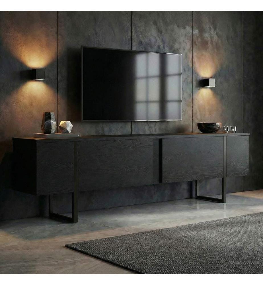Meuble TV, bois noir, noir, panneau de particules 100 % recouvert de mélamine