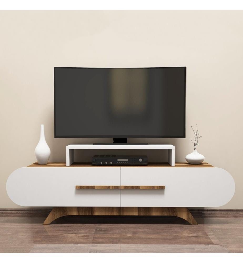 Meuble TV, noyer, blanc, panneaux de particules mélaminés