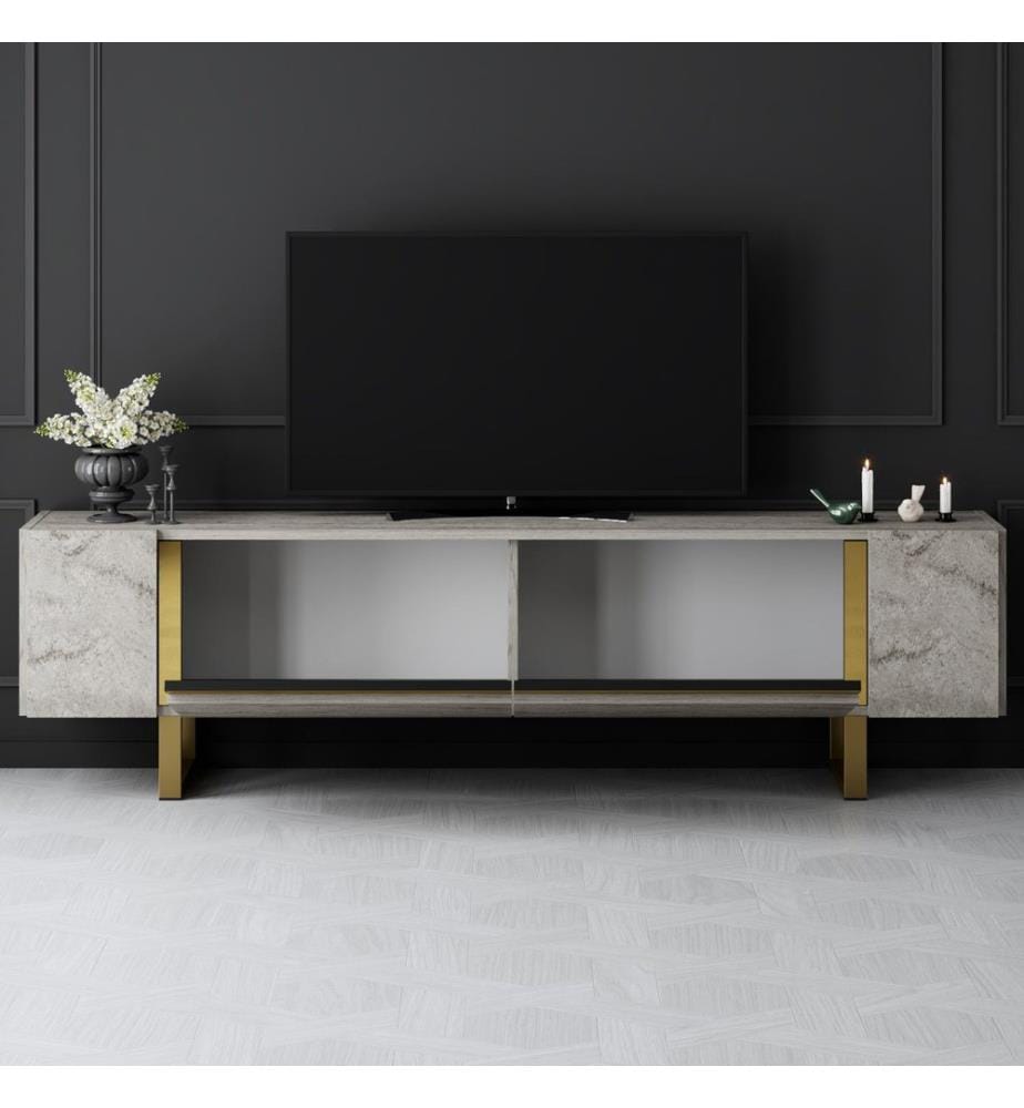 Meuble TV, travertin, doré, panneau de particules 100 % mélaminé, pieds en métal