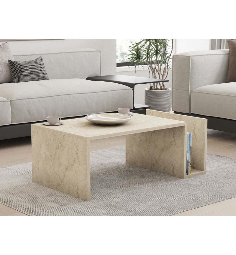 Table basse, travertin, panneau de particules 100% recouvert de mélamine