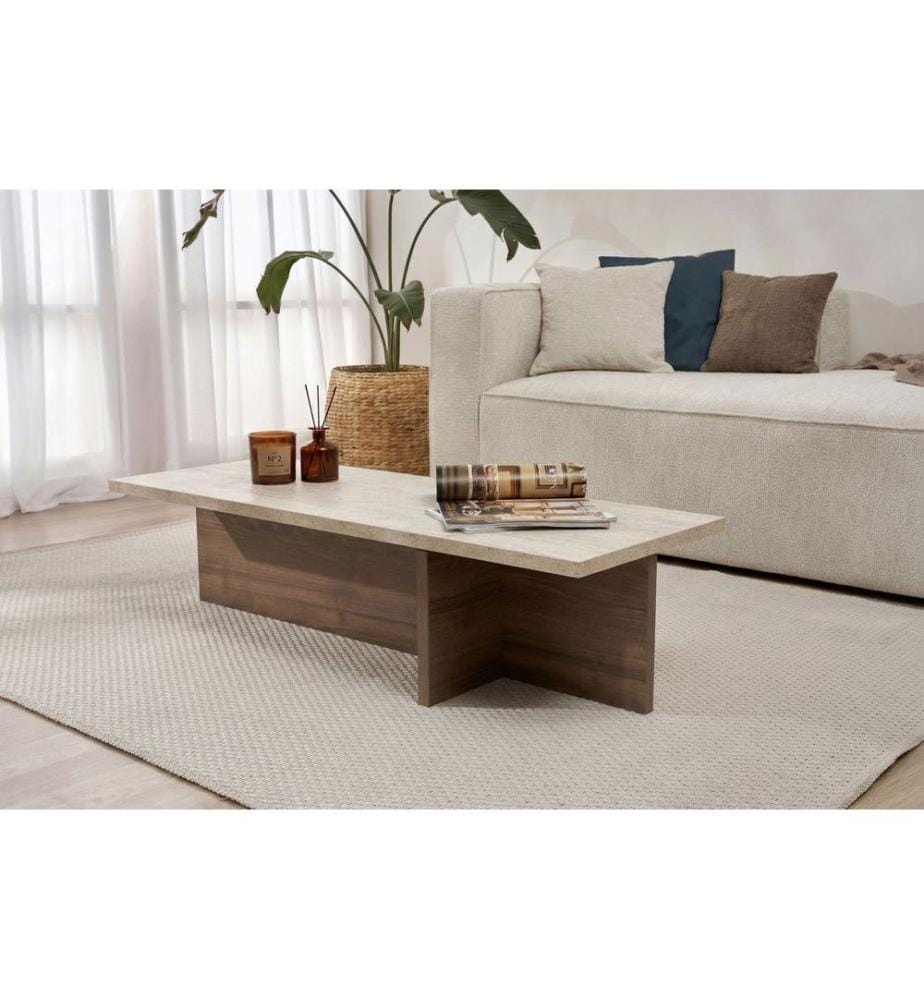 Couchtisch, Travertin, Mailänder Nussbaum, 100 % melaminbeschichtete Spanplatte