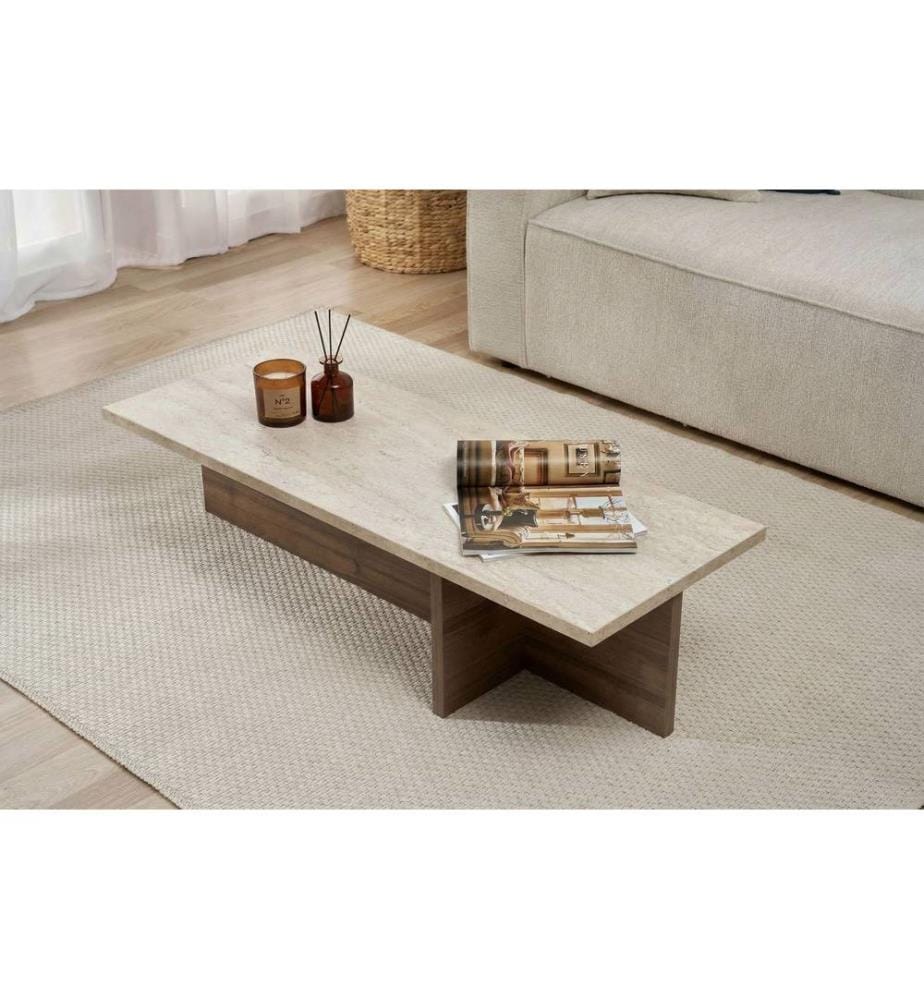 Couchtisch, Travertin, Mailänder Nussbaum, 100 % melaminbeschichtete Spanplatte
