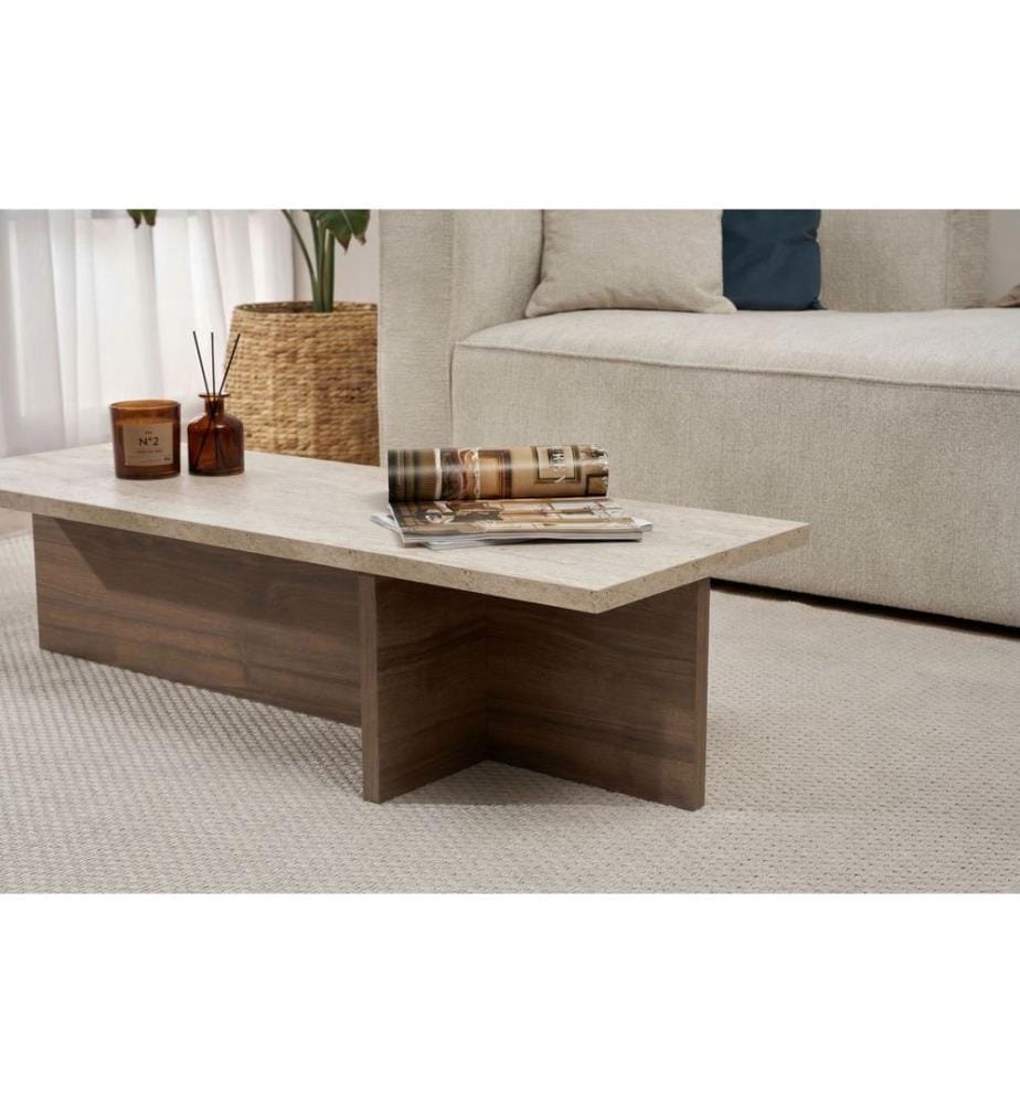 Couchtisch, Travertin, Mailänder Nussbaum, 100 % melaminbeschichtete Spanplatte