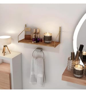 Wandregal, Gold, Braun, Massivholz, Metallhalterungen