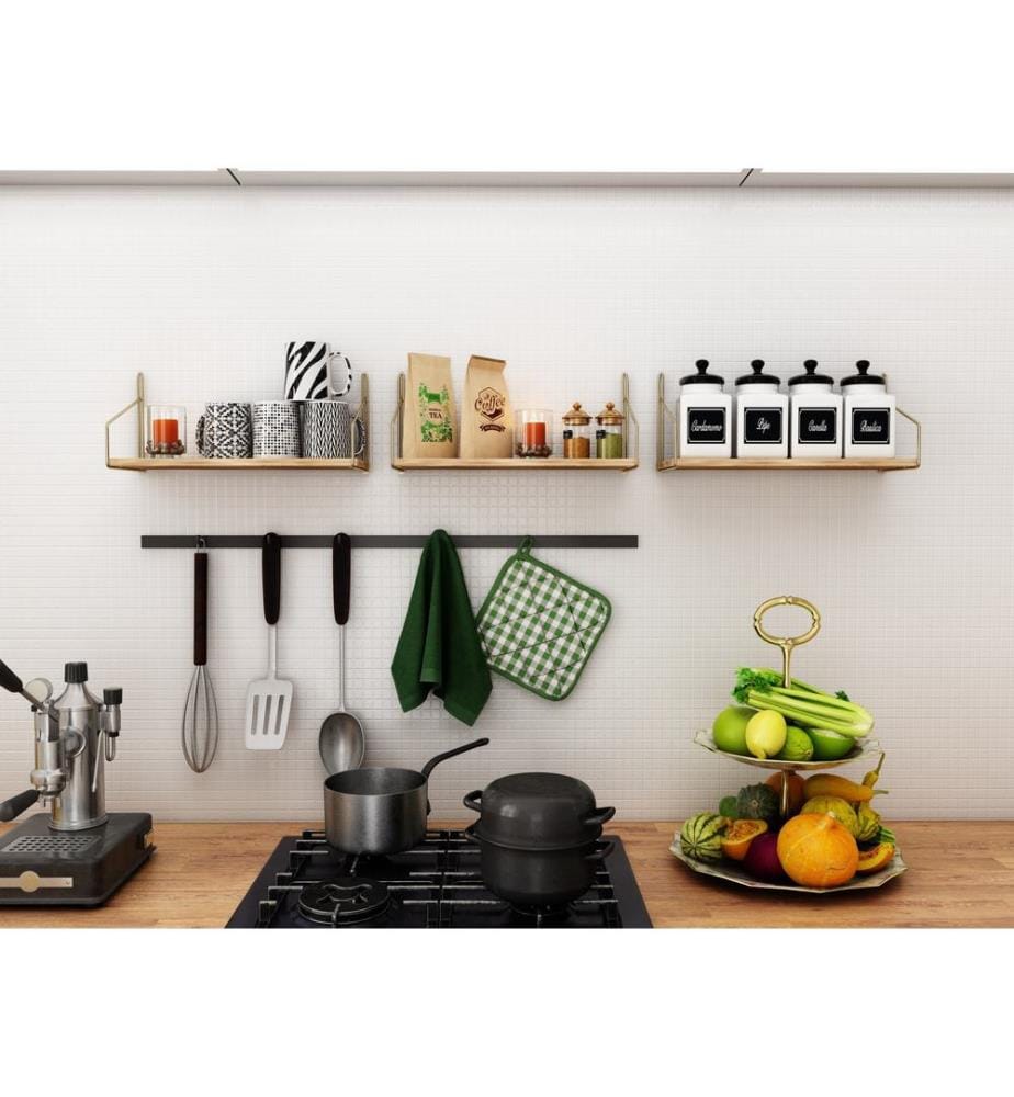 Wall Shelf, Gold, Brown, Solid Wood, Metal Brackets