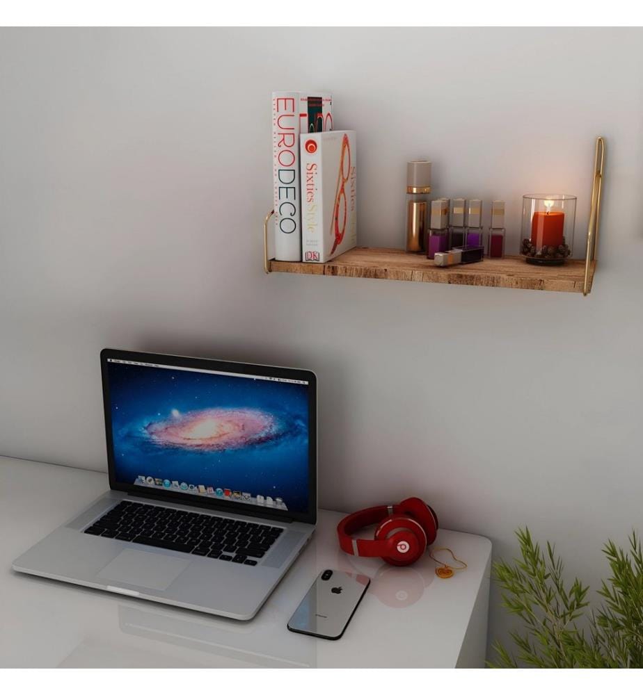 Wall Shelf, Gold, Brown, Solid Wood, Metal Brackets